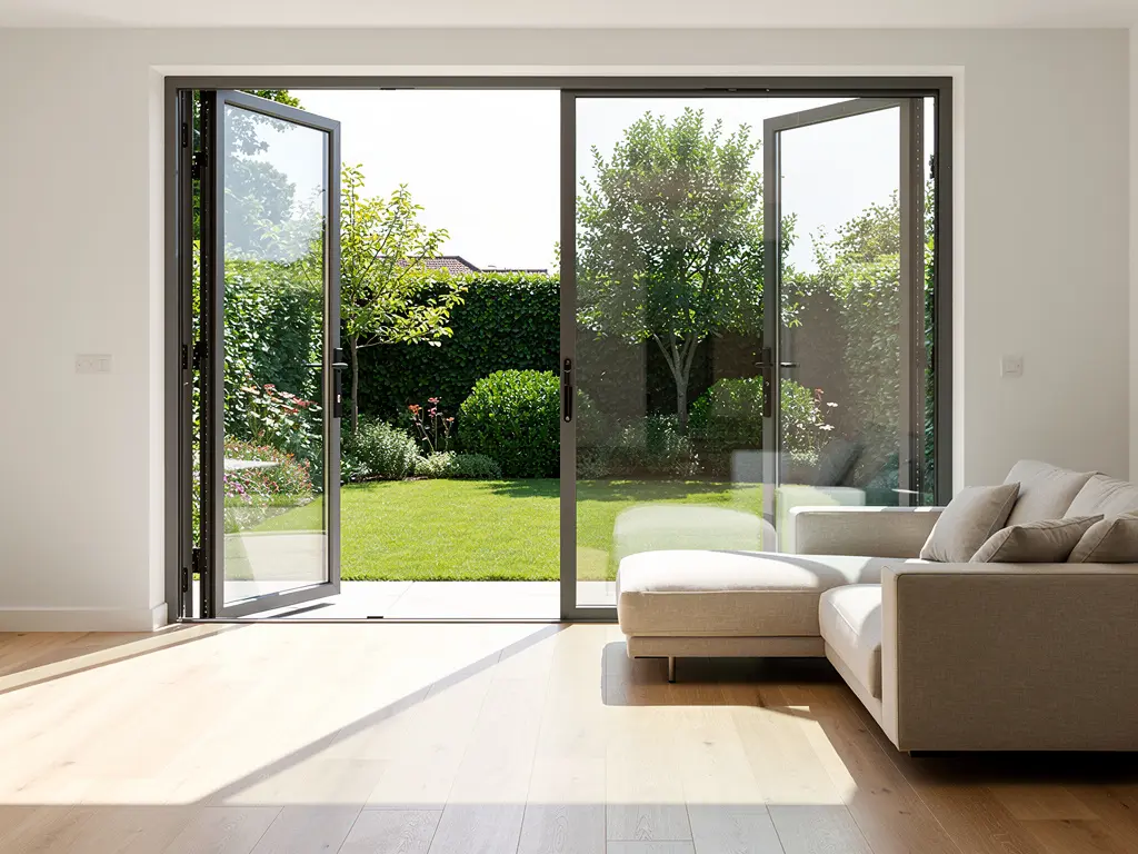 Baie coulissante aluminium installée dans un séjour ouvert sur le jardin