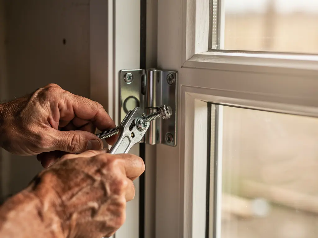 Menuisier réglant une fenêtre neuve après la prise de cotes