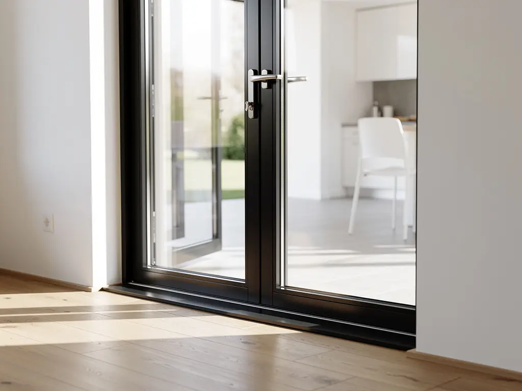 Porte-fenêtre aluminium noire posée avec un seuil plat accessible